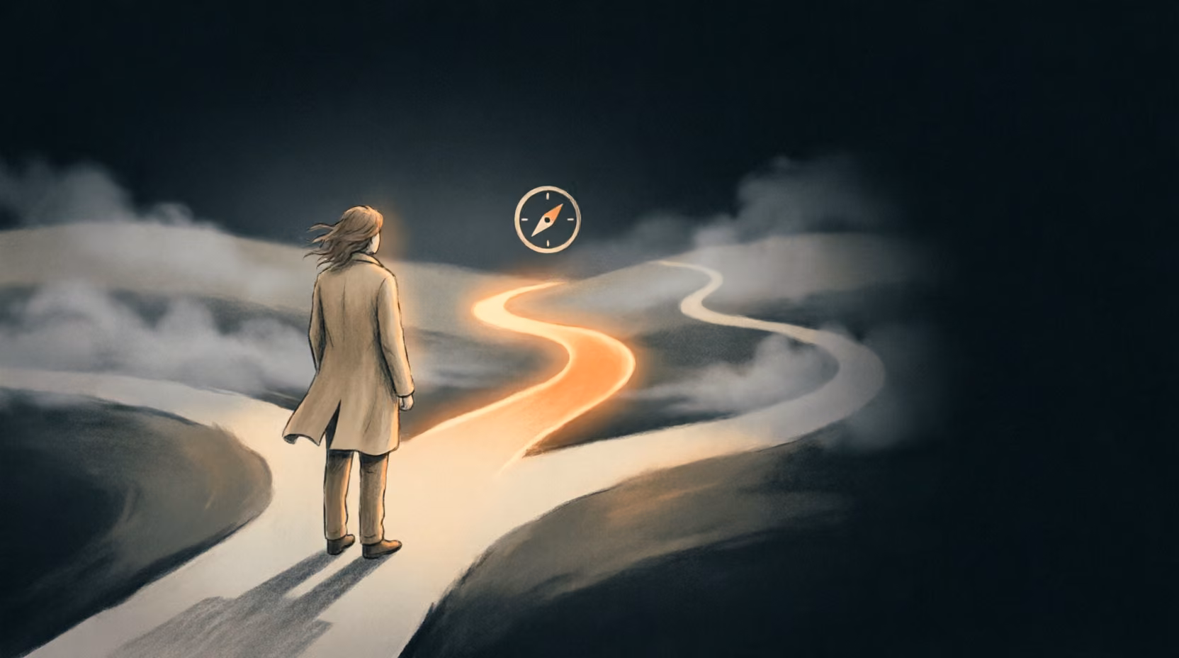 A traveller in a long coat stands at a fork in a misty path, looking toward the one route that glows orange beneath a small compass.