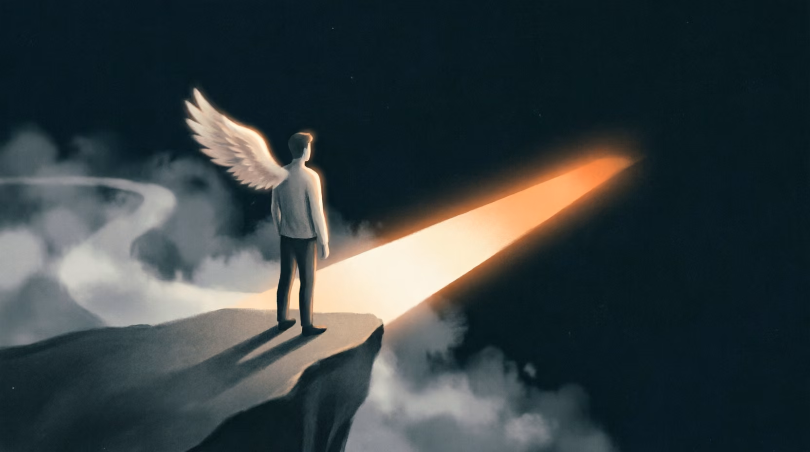 A man with one glowing wing stands on a cliff edge, looking along a bright orange beam of light that leads into a dark sky.